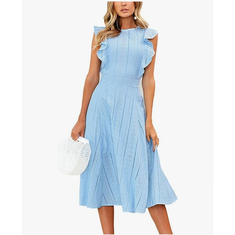 ECOWISH Light Blue Ruffle Eyelet Midi Dress M